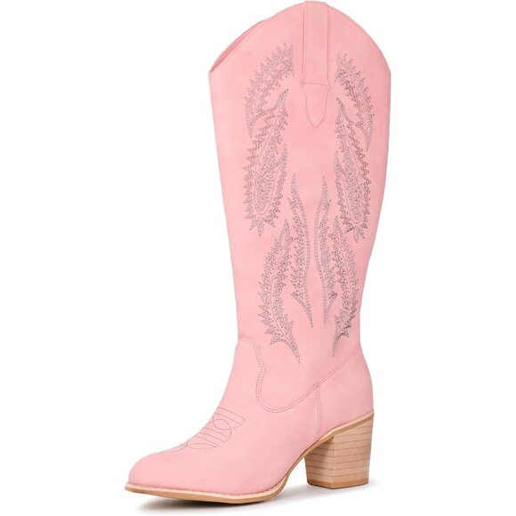 ⚡Women's Pink Retro Classic Embroidered Western Boots Cowgirl Chunky Block Heel - Picture 6 of 6